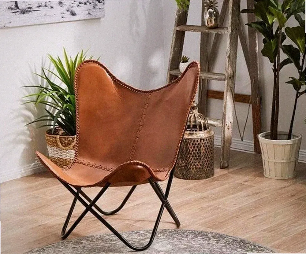2 PCS Tan Leather Butterfly Relax Lounge Chair Handmade Accent Plw
