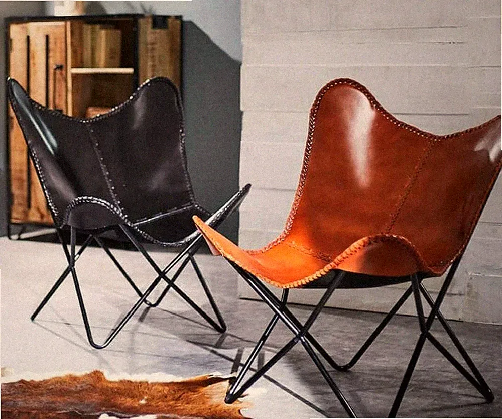 2PCS Handmade Vintage Leather Butterfly Relax Chair Lounge Accent Sling Seat