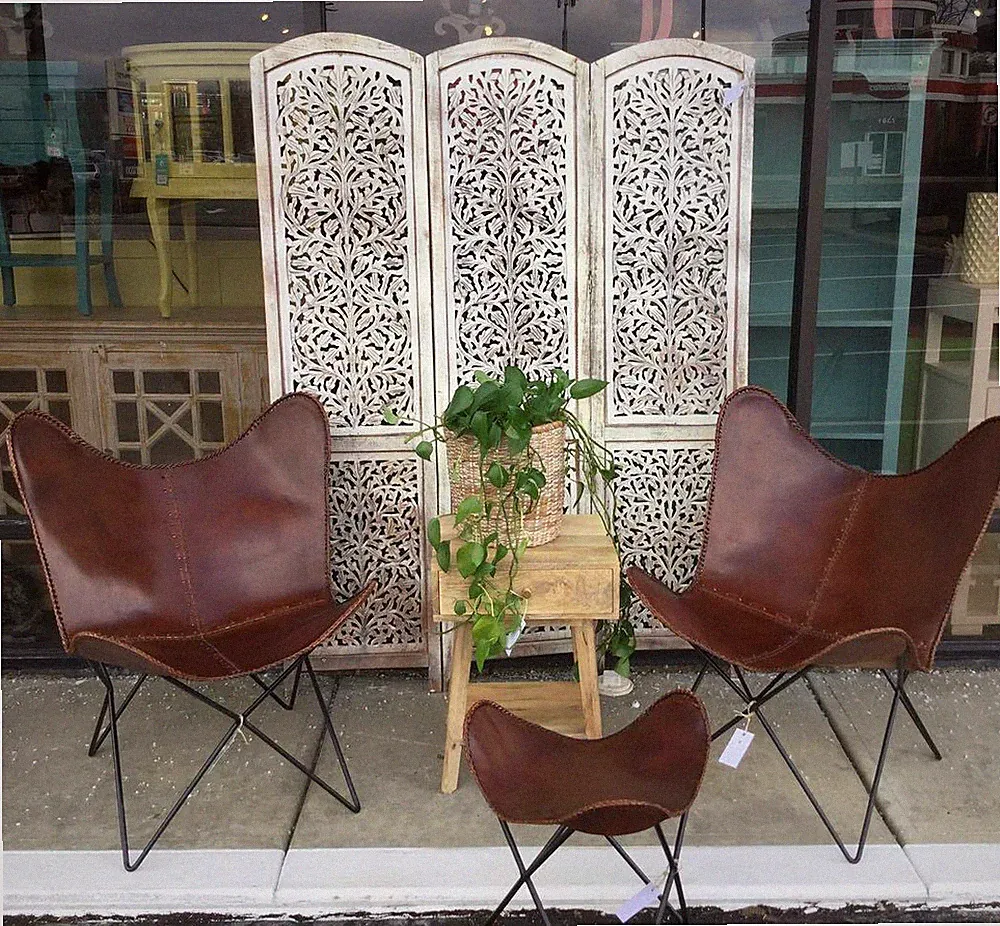 2pec Leather Butterfly Relax Chair Folding Metal Frame Vintage Lounge Accent Plw