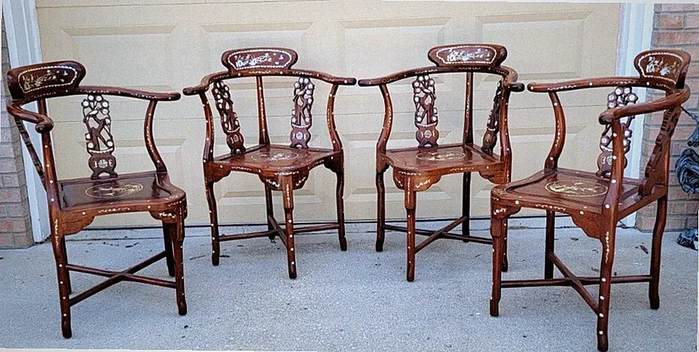 4 AVAILABLE ~ Asian Antique Rosewood Hand-Carved Chairs ~ Mother of Pearl Inlay