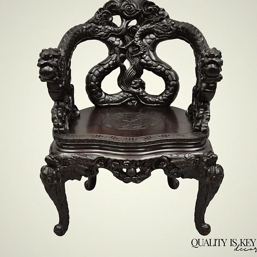 Antique Japanese Dragon Carved Wood Export Oriental Palace Lounge Arm Chair