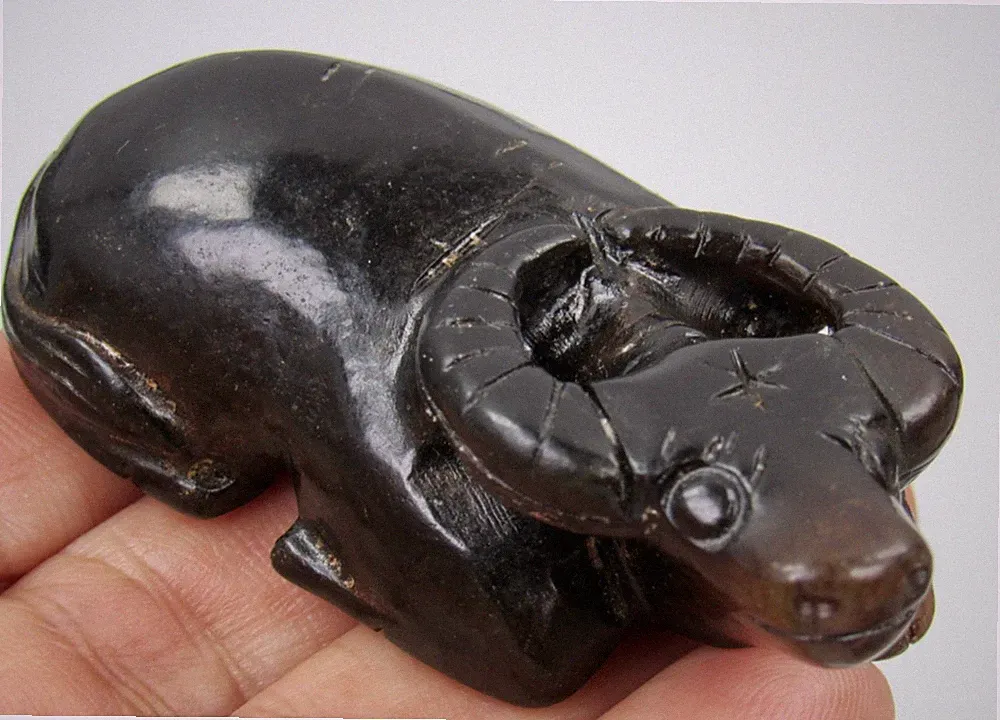 Chinese Hand Carved Reclining Brown Nephrite Jade Ox Water Buffalo Figurine