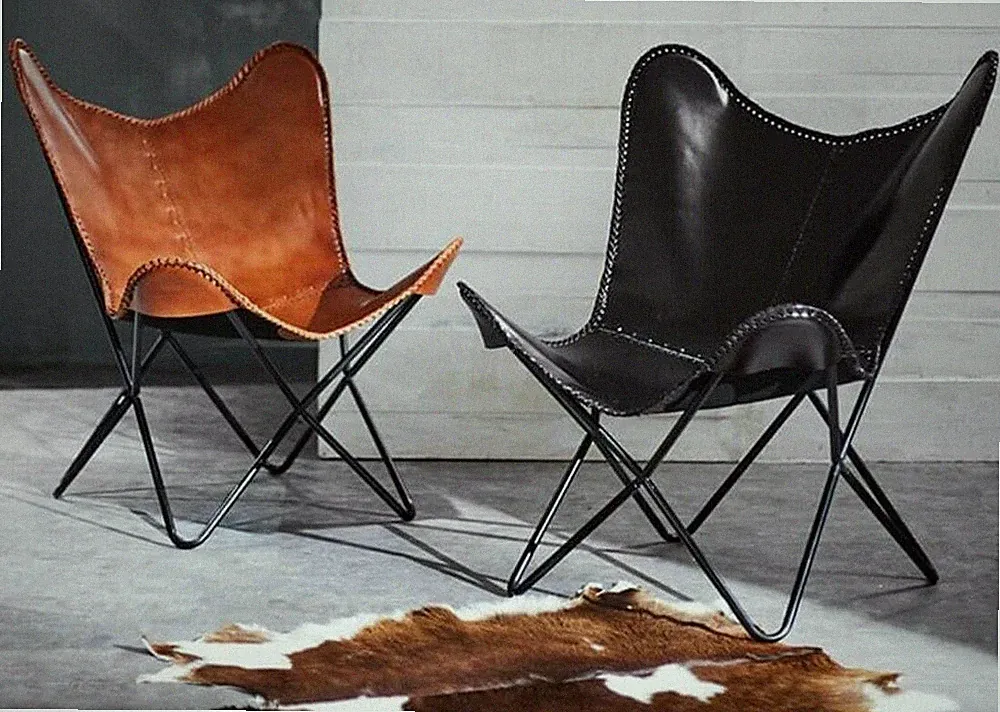 Handmade Vintage Real Leather Butterfly Relax Arm Chair Sleeper Seat Folding 2pc