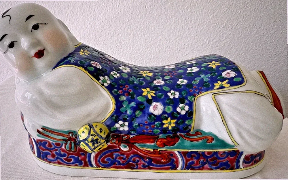 Large Chinese Porcelain Pillow Reclining Boy Figurine Famille Rose Style 10.5"