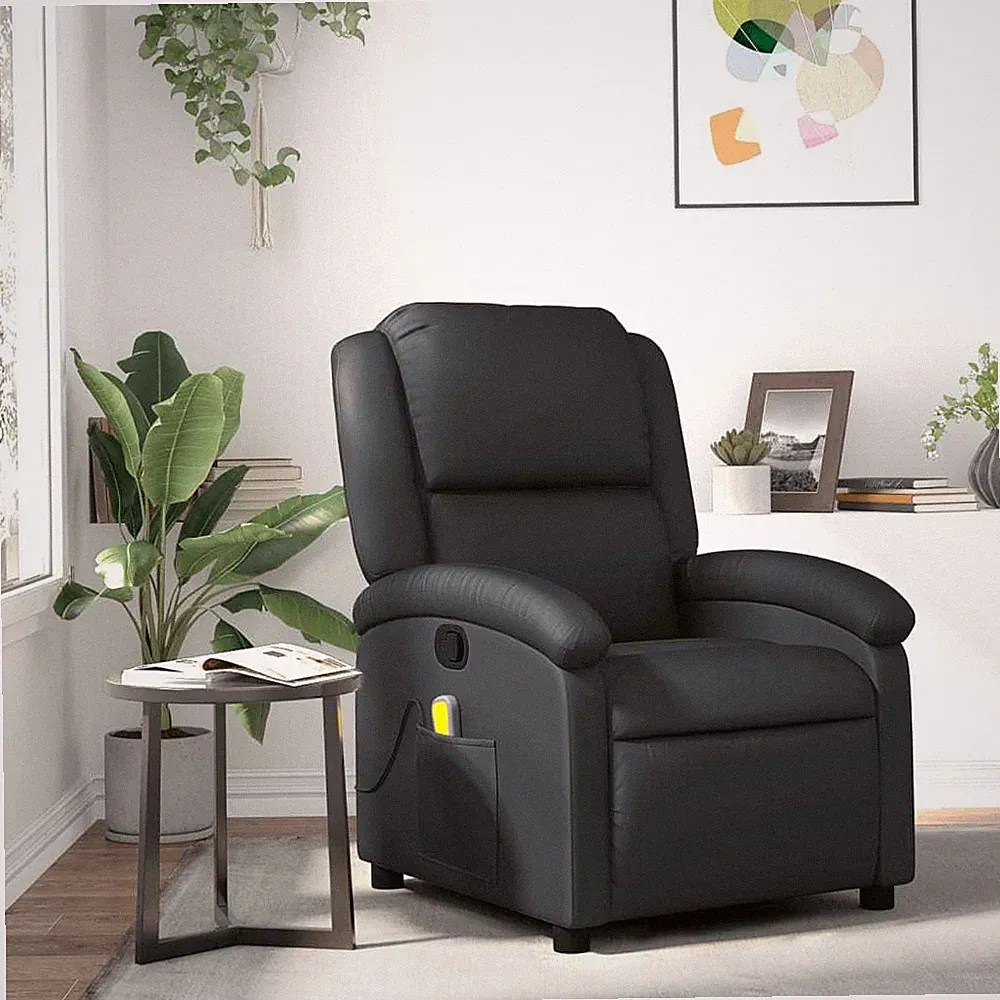 Massage Recliner Chair Black Real Leather
