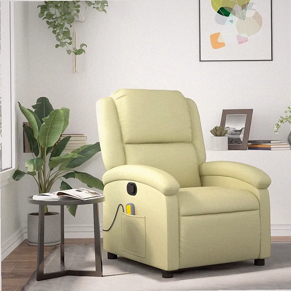 Massage Recliner Chair Cream Real Leather