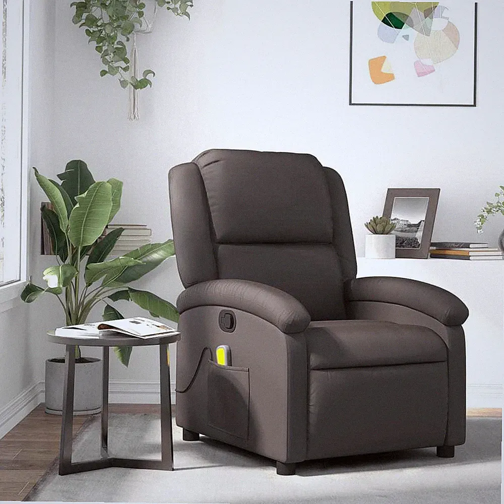 Massage Recliner Chair Dark Brown Real Leather
