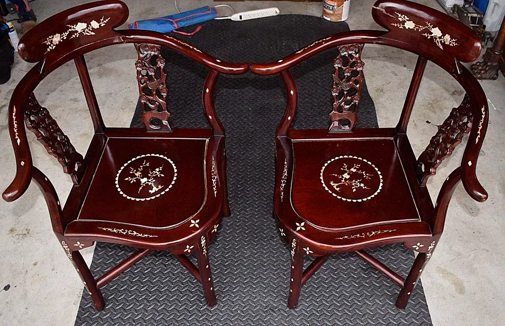 Pair of Asian Antique Rosewood Hand-Carved Chairs ~ Floral Mother of Pearl Inlay
