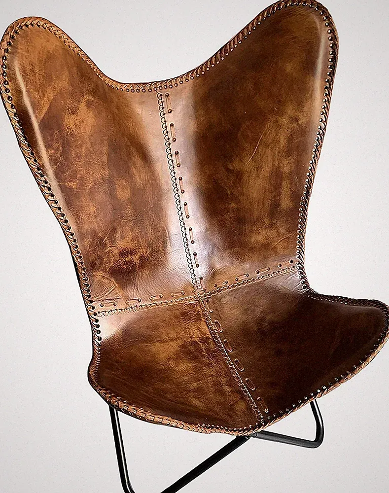 Real Genuine Leather Butterfly Chair Retro Folding Accent Chair