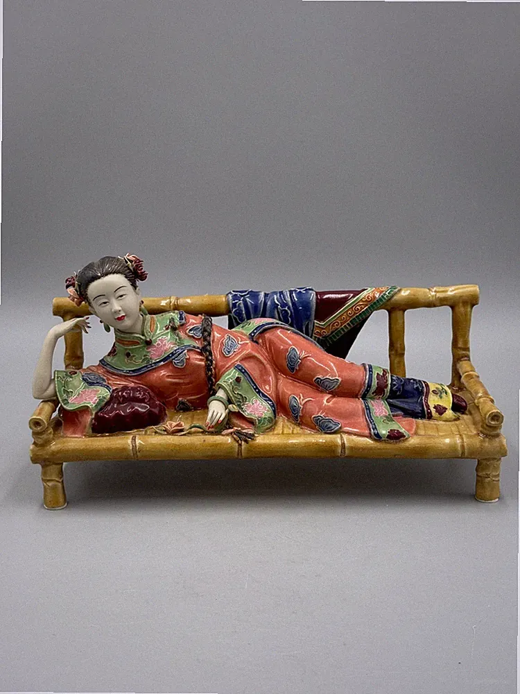 Vintage Chinese Shiwan Ware Ceramic Figurine of Reclining Lady on Bamboo Daybed