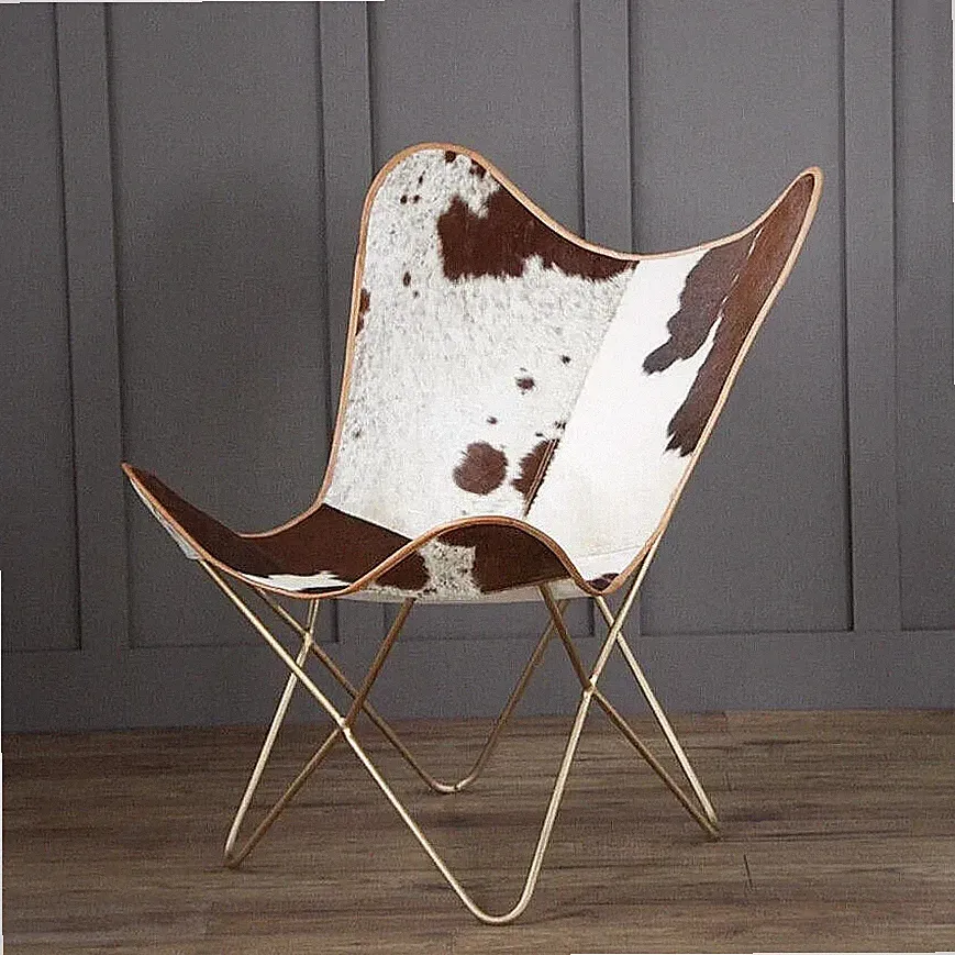 Vintage Cowhide Leather Butterfly Accent Chair Folding Sleeper Seat Supper Relax