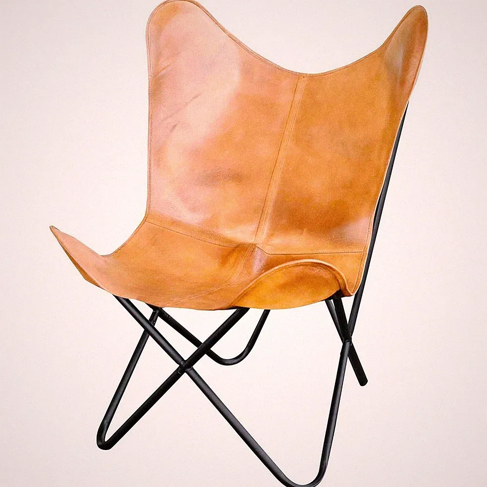 Vintage Leather Butterfly Chair Tan leather Handmade Folding Relax Arm Chair