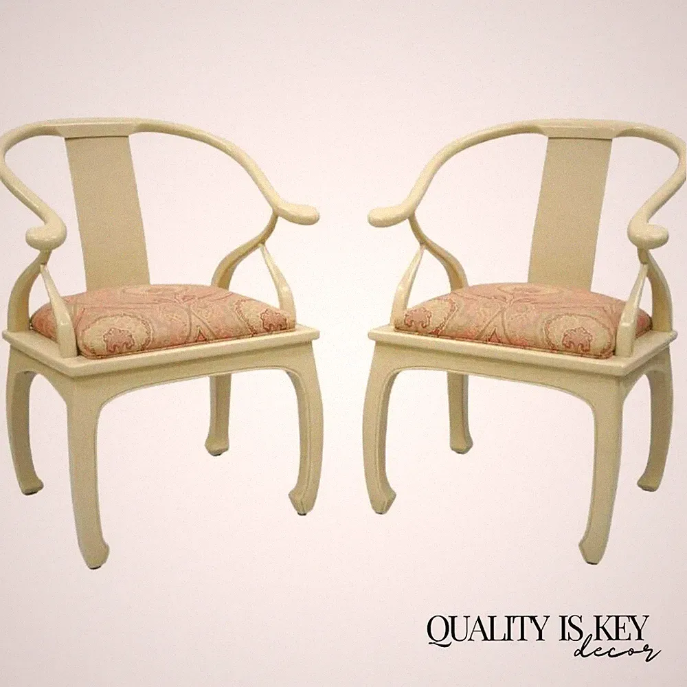 Vintage Oriental Horseshoe Ming Style Cream Lacquered Lounge Chairs - a Pair